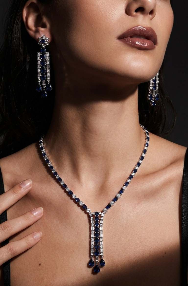 Midnight Sapphire AD Necklace Set with Dangling Earrings