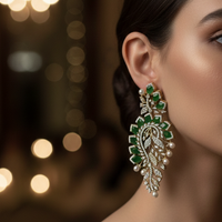 Emerald Green Leaf  American Diamond Earrings