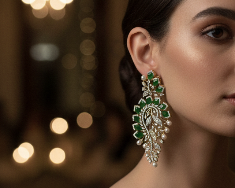 Emerald Green Leaf  American Diamond Earrings