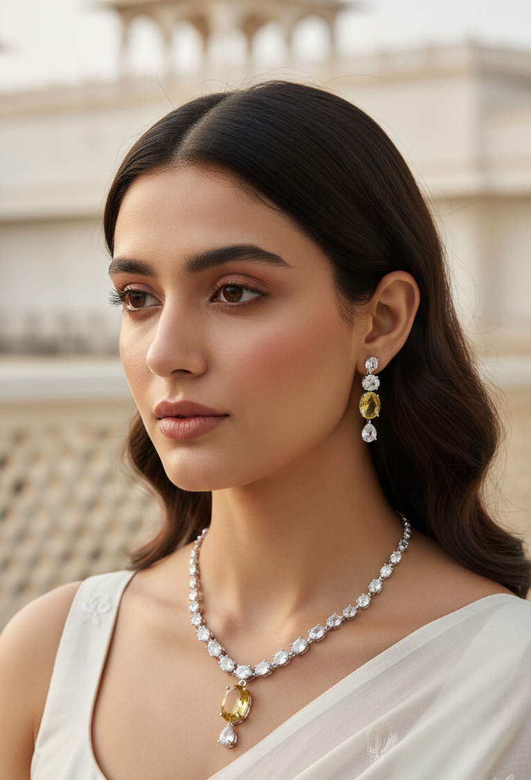 Elegant Yellow Crystal Drop Earrings & Silver Zircon Necklace