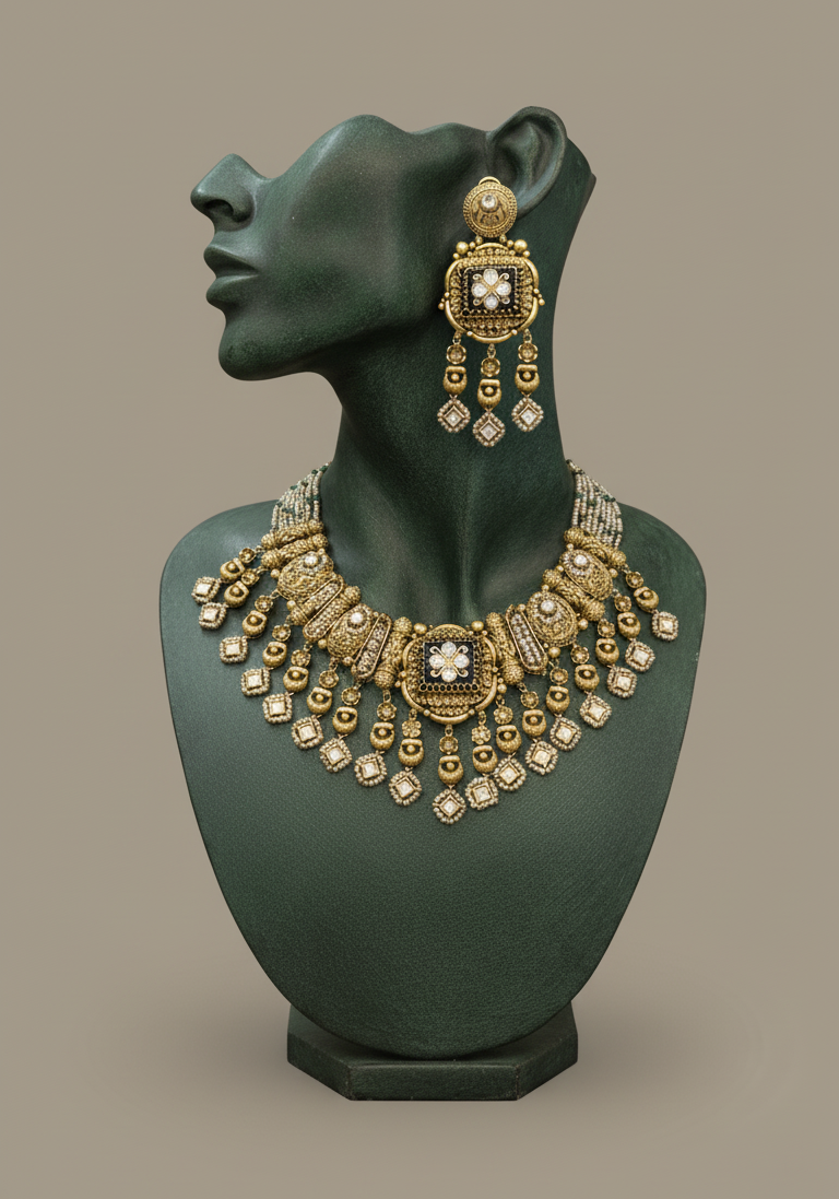 Regal Antique Gold Plated Kundan Bridal Necklace Set