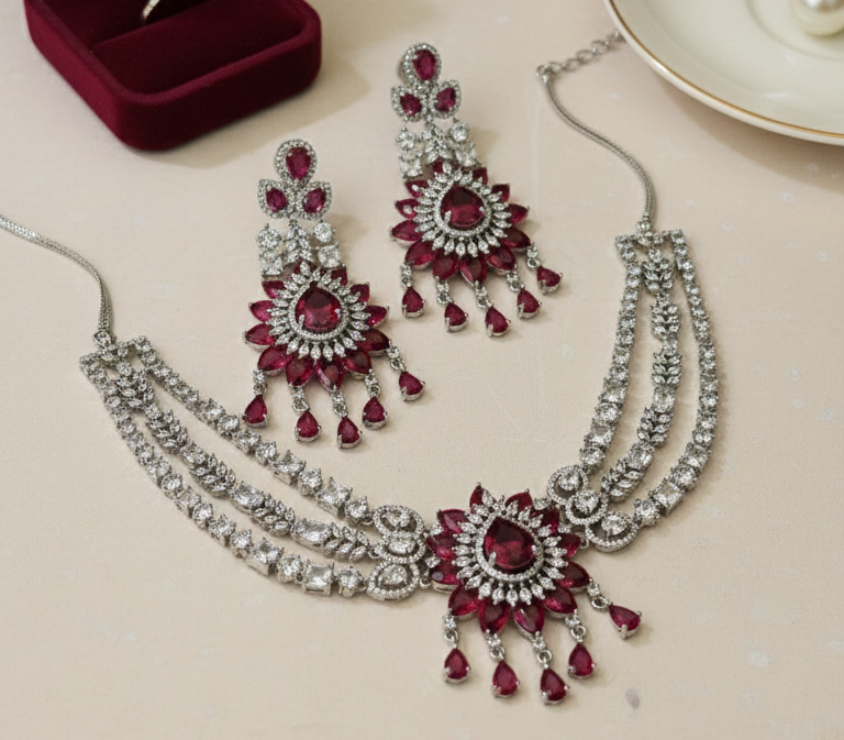 Ruby Red American Diamond Necklace Set