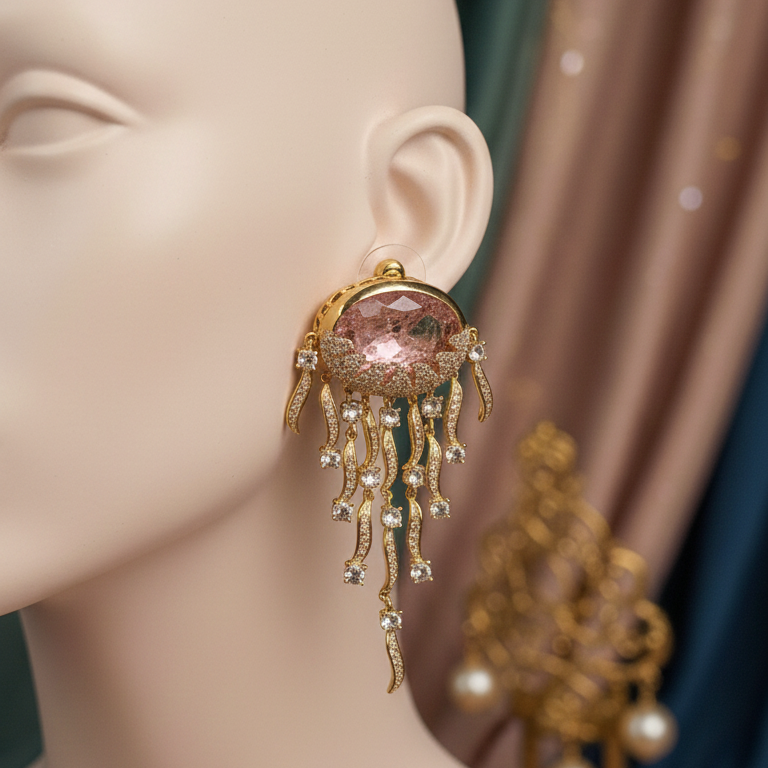 Pink Crystal Drop American Diamond Statement Earrings – Gold Finish