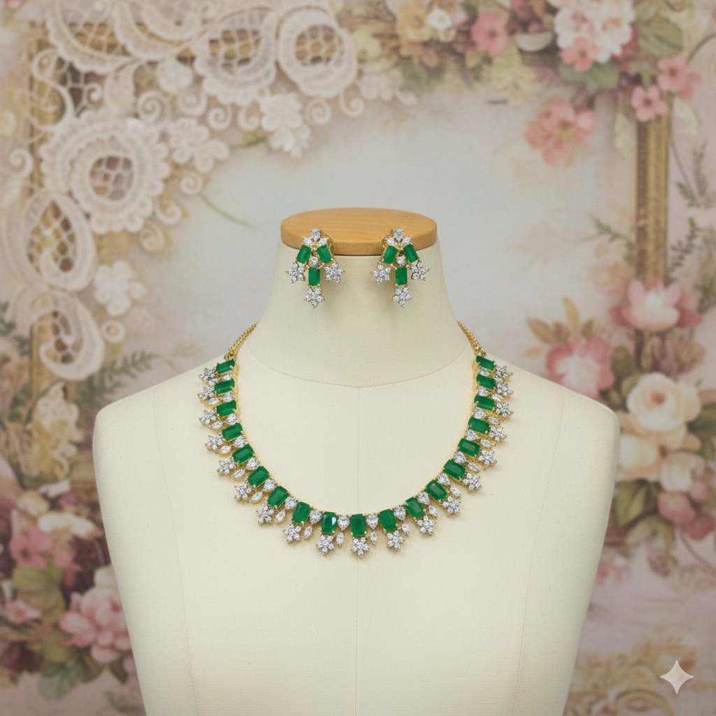 Emerald & Diamond Look Necklace Set - Partywear Jewelry
