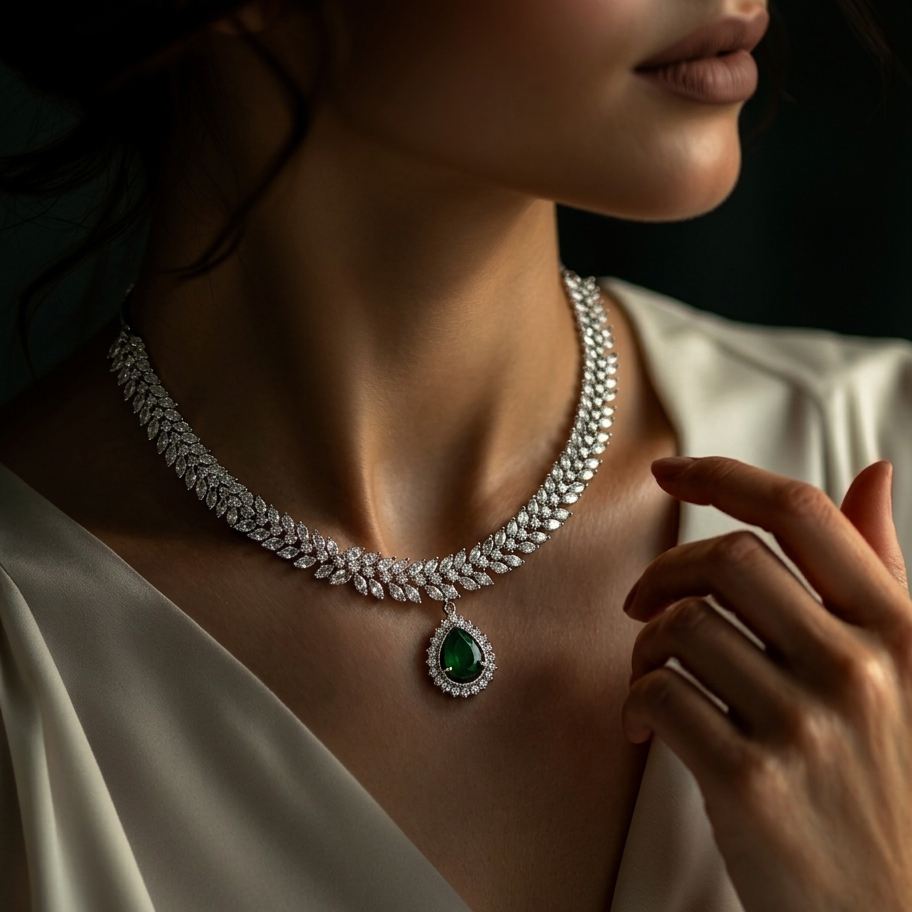 Emerald Teardrop AD Stone Necklace Set with Leaf Design