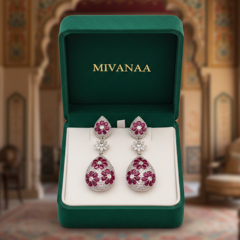 Ruby Red Floral Teardrop American Diamond Long Earrings