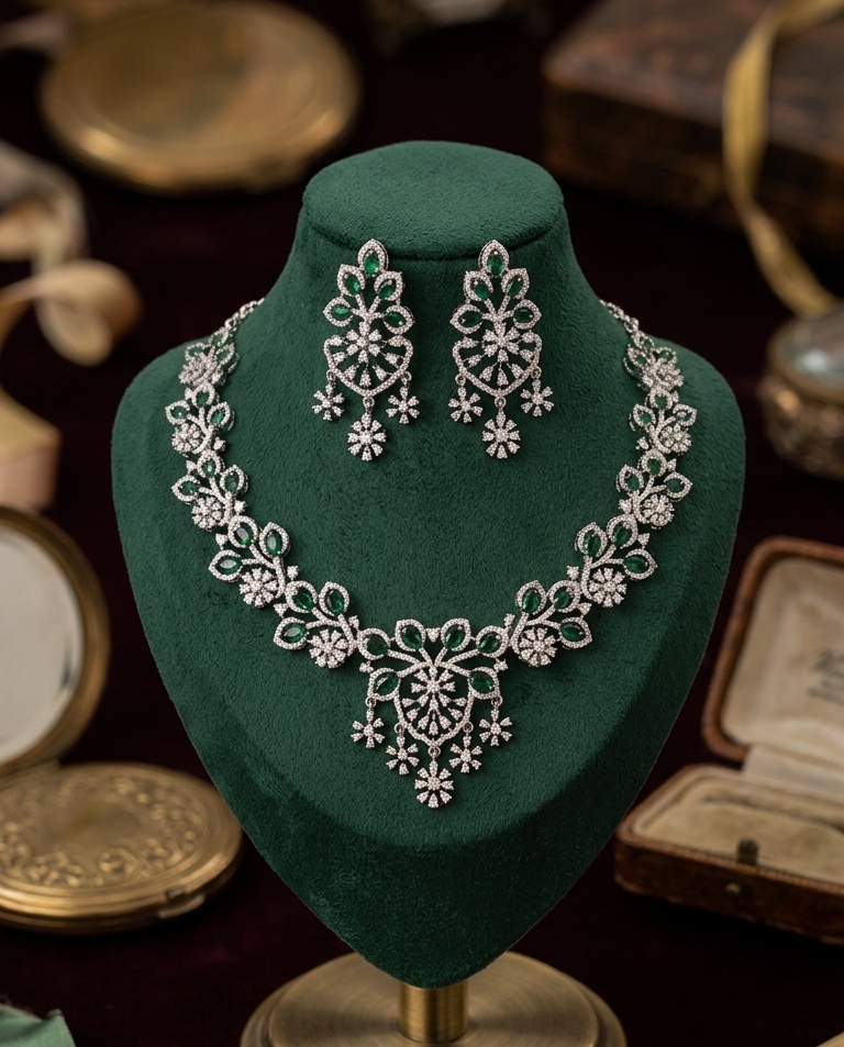 Emerald Floral Diamond Look Necklace Set