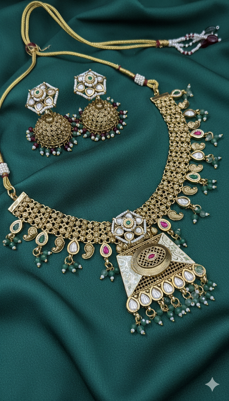 Royal Kundan Polki Bridal Choker Necklace Set with Jhumka Earrings