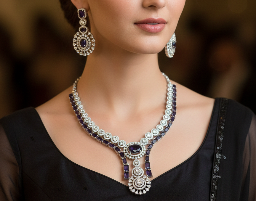 Midnight Sapphire Royale American Diamond Necklace Set