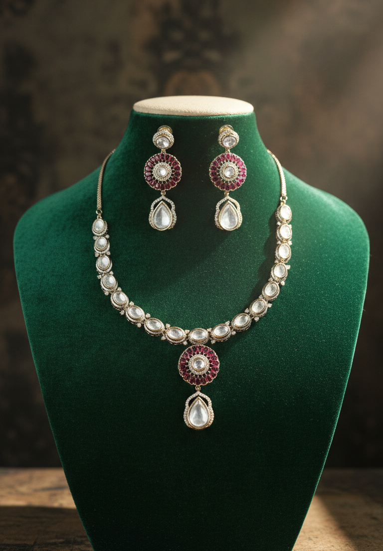 Elegant Ruby Kundan Teardrop Necklace Set