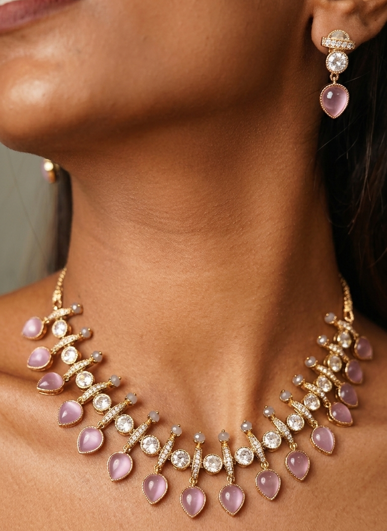Real Polki baby pink Necklace & Earrings Set