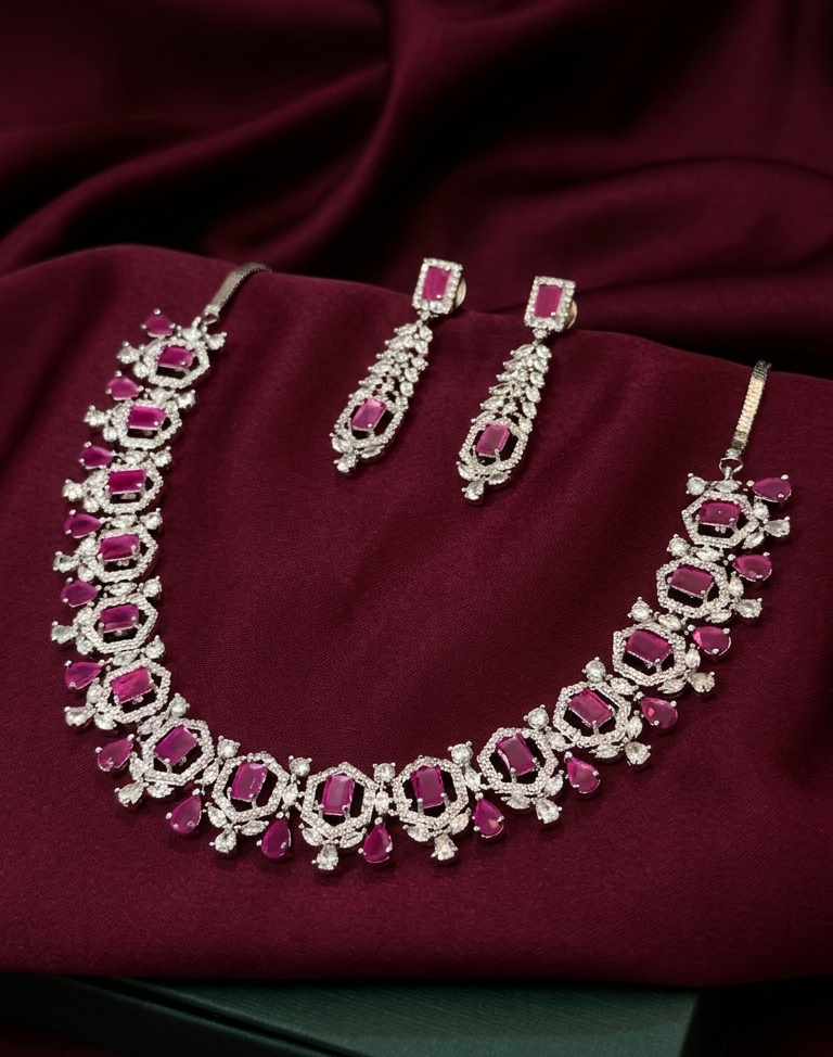 Royal Ruby Sparkle Drop Earrings & Necklace Set