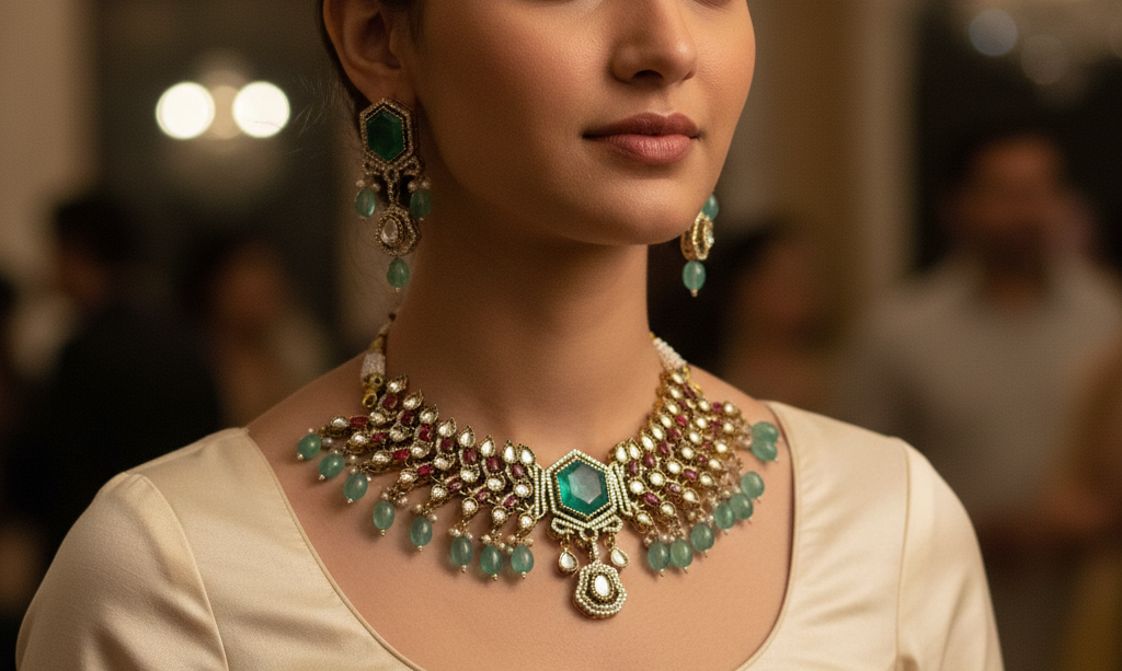 Royal Emerald & Ruby Polki Kundan Bridal Necklace Set