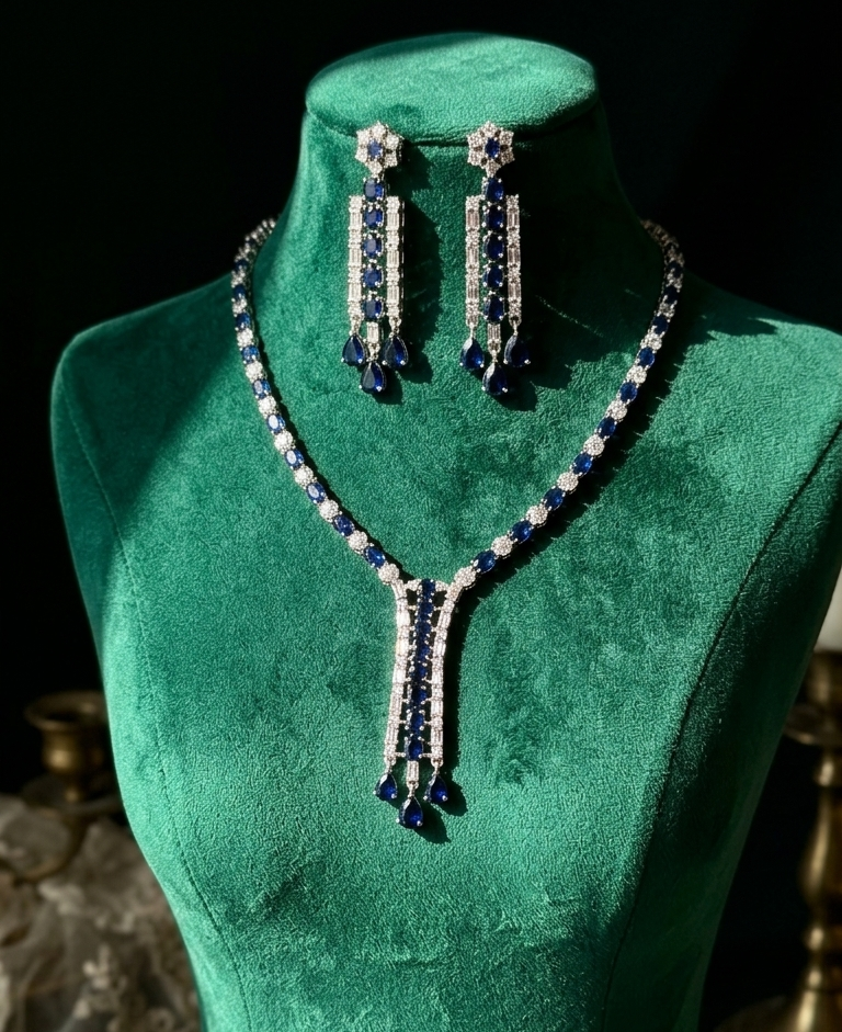Midnight Sapphire AD Necklace Set with Dangling Earrings