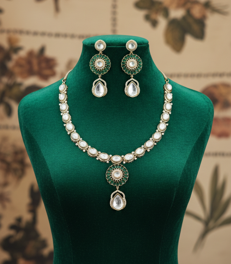 Emerald Glow Polki Kundan Necklace Set