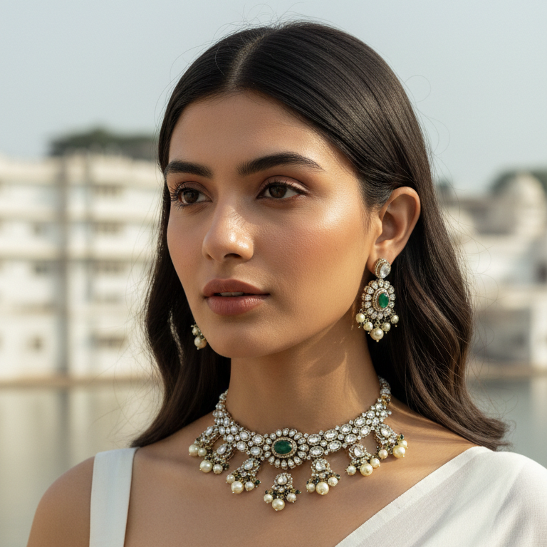 Royal Green Kundan Pearl Choker Necklace Set