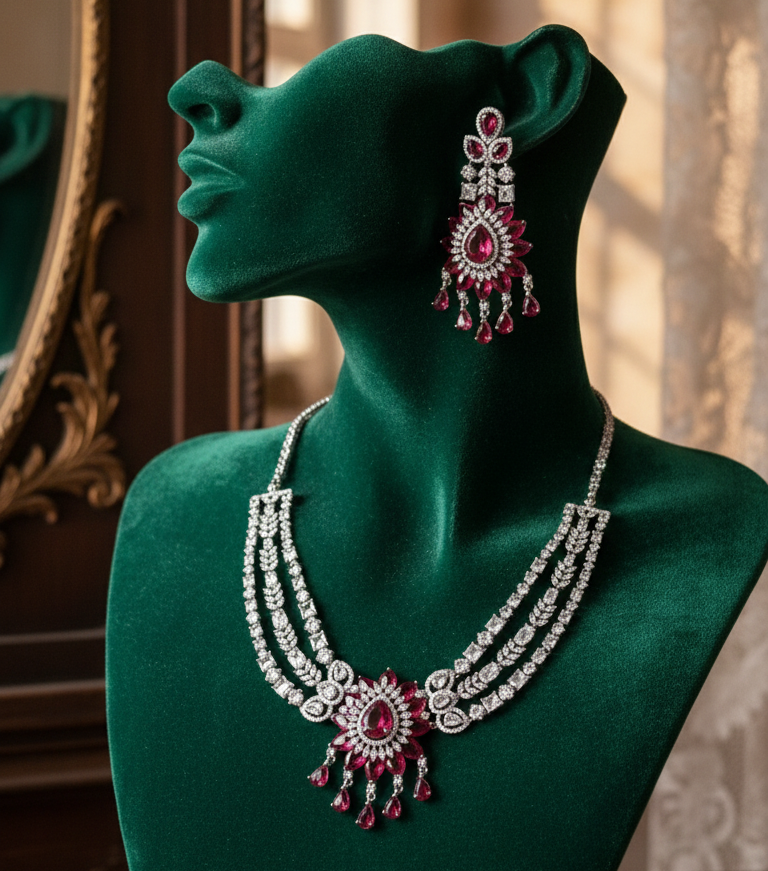 Ruby Red American Diamond Necklace Set