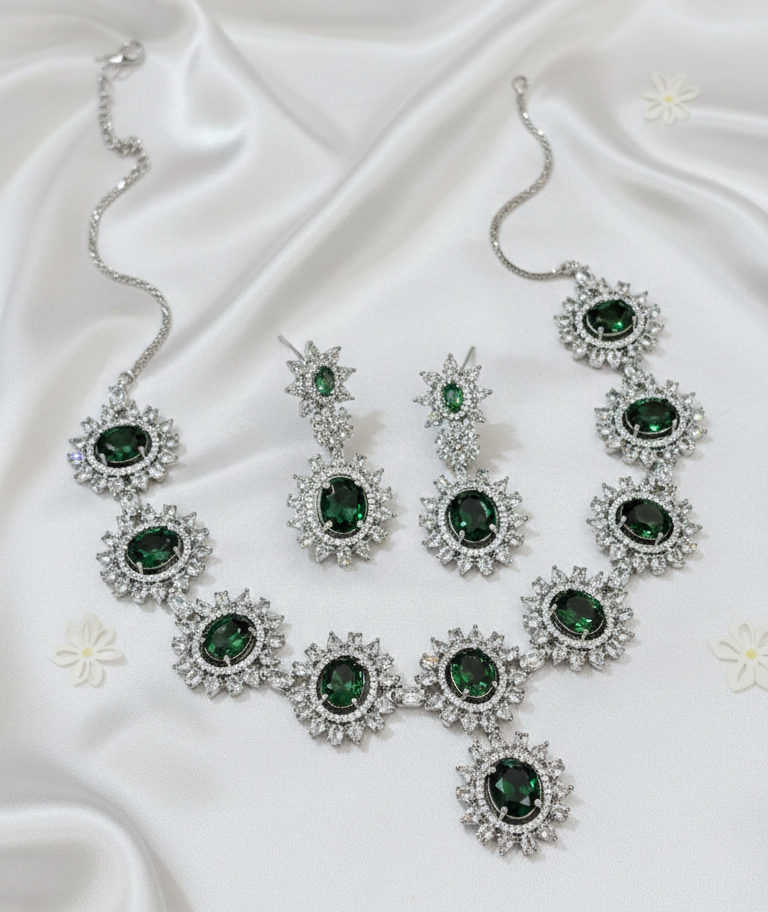 Royal Emerald Green American Diamond Necklace Set
