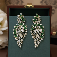 Emerald Green Leaf  American Diamond Earrings