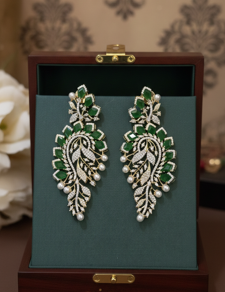 Emerald Green Leaf  American Diamond Earrings