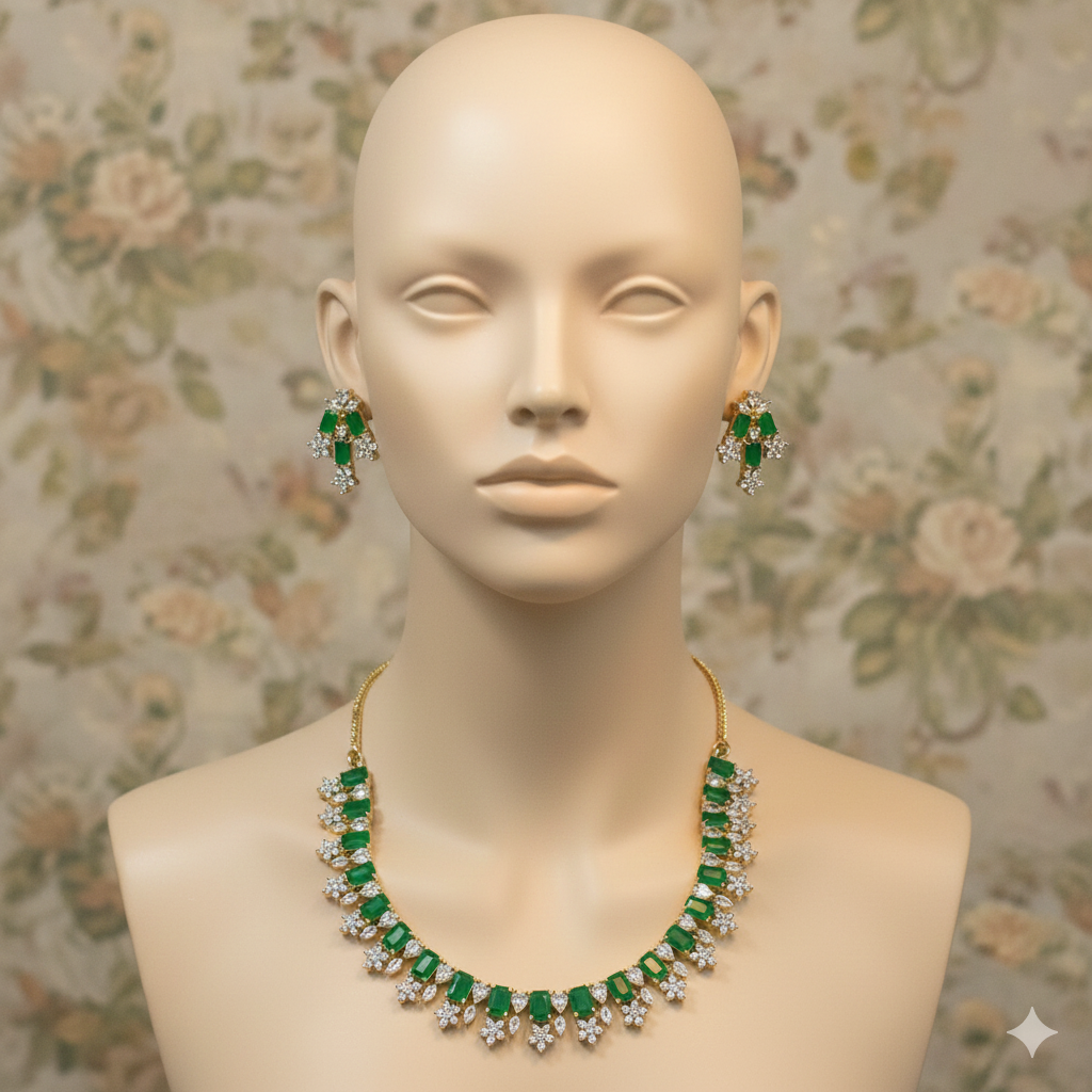 Emerald & Diamond Look Necklace Set - Partywear Jewelry