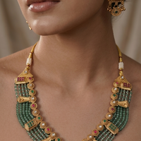 Royal Green Beaded Traditional Necklace Set with Antique Gold Earrings
