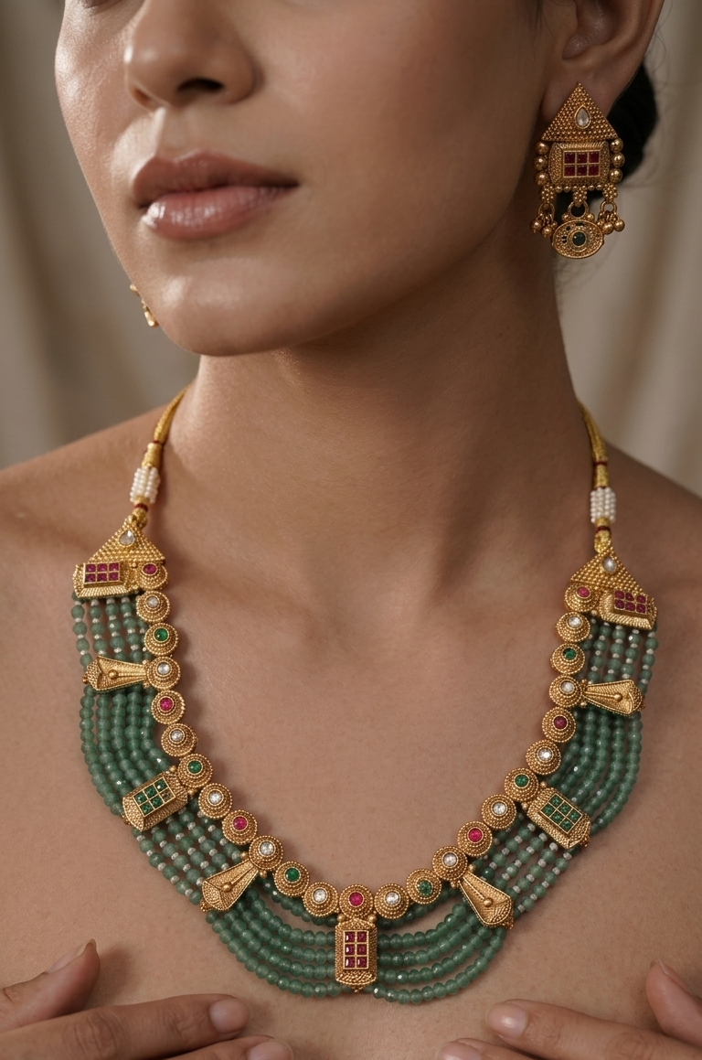 Royal Green Beaded Traditional Necklace Set with Antique Gold Earrings