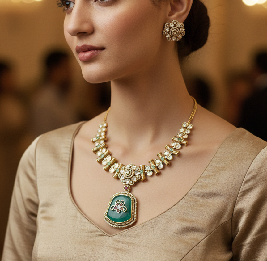 Shahi Emerald Polki  Necklace Set