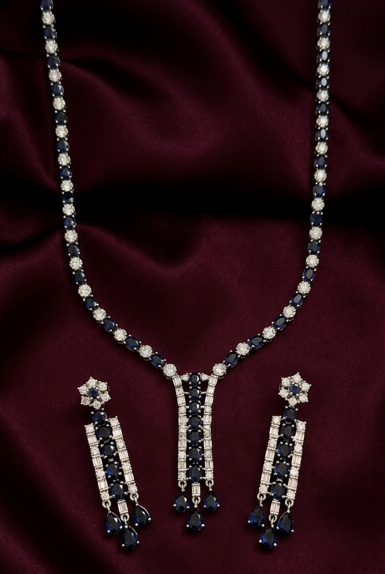 Midnight Sapphire AD Necklace Set with Dangling Earrings