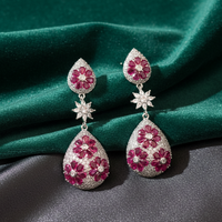 Ruby Red Floral Teardrop American Diamond Long Earrings