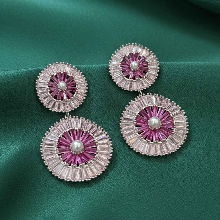 Pink Crystal Sunburst Pearl Stud & Drop Earrings