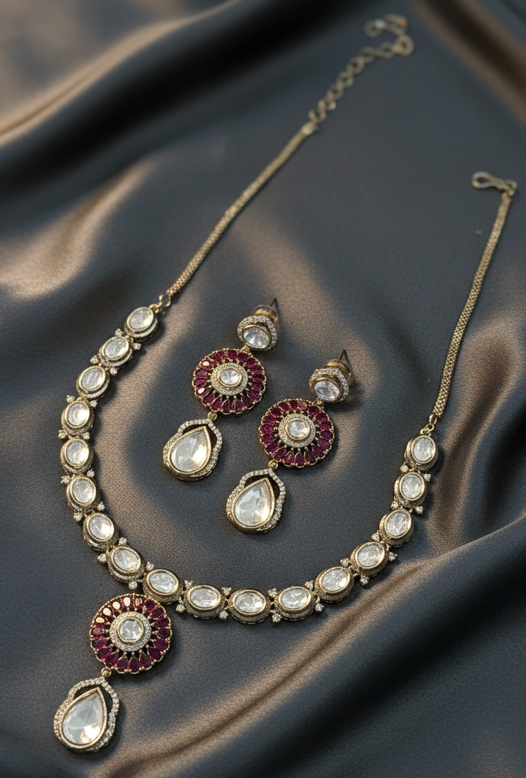 Elegant Ruby Kundan Teardrop Necklace Set