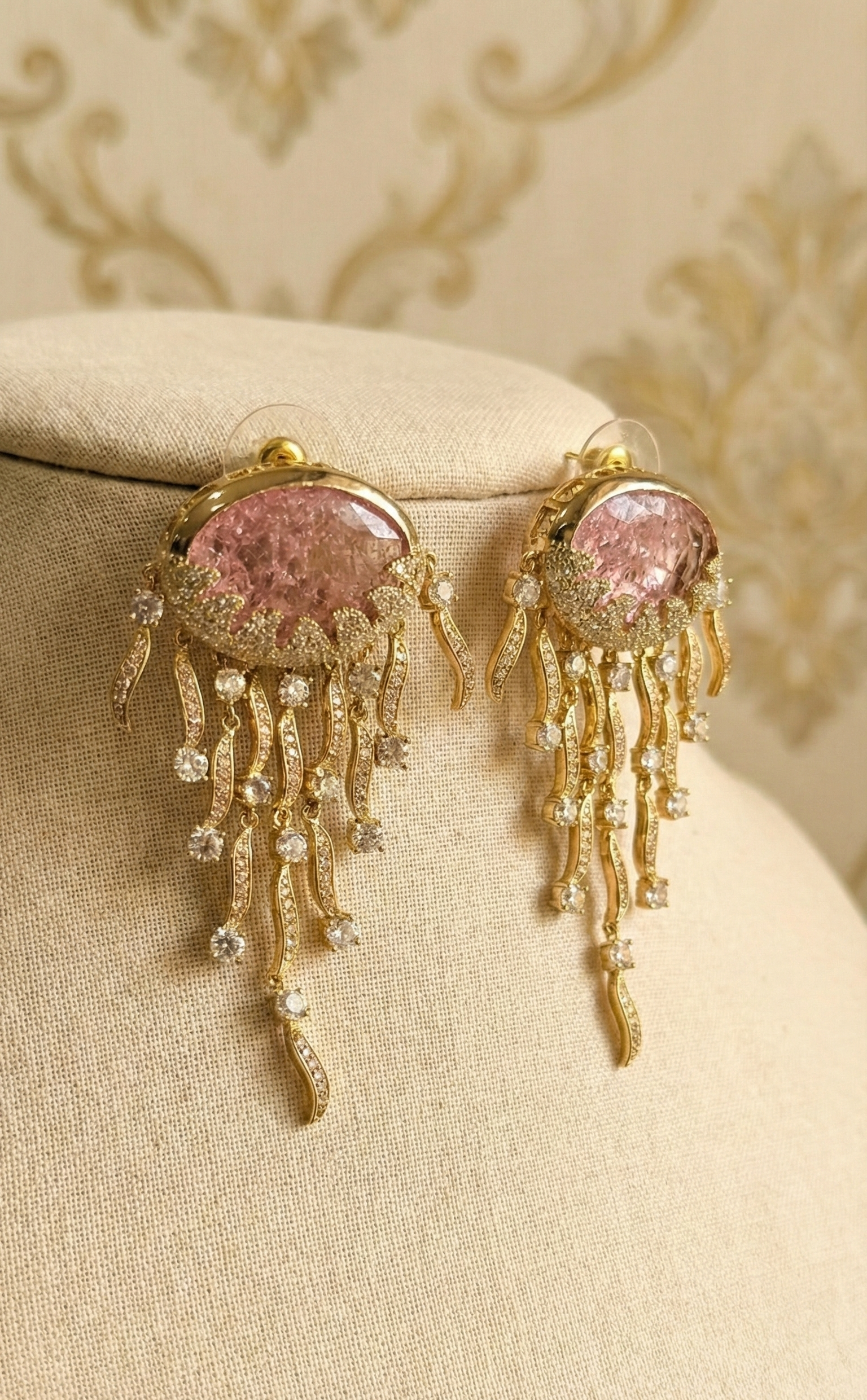 Pink Crystal Drop American Diamond Statement Earrings – Gold Finish