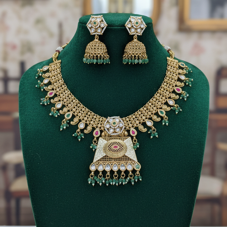 Royal Kundan Polki Bridal Choker Necklace Set with Jhumka Earrings