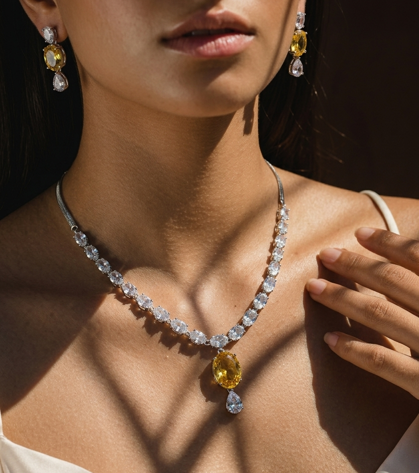 Elegant Yellow Crystal Drop Earrings & Silver Zircon Necklace