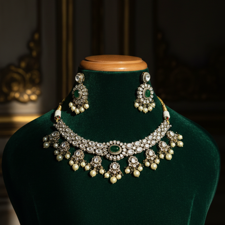 Royal Green Kundan Pearl Choker Necklace Set