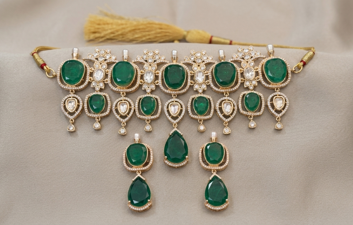 Emerald Green Stone Choker Necklace Set for Women