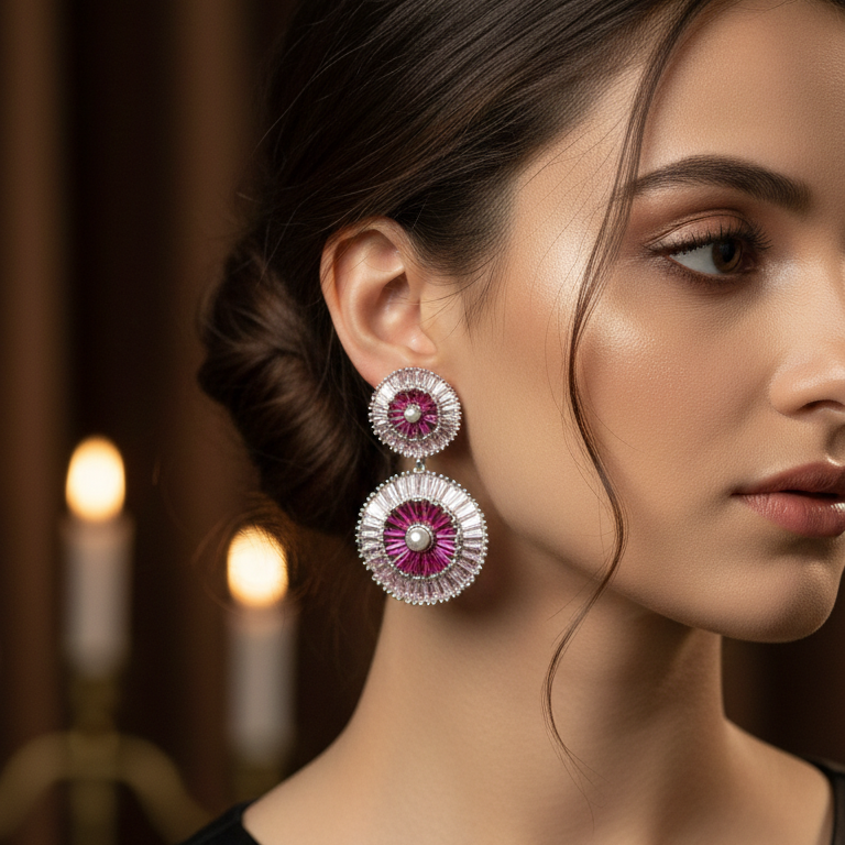 Pink Crystal Sunburst Pearl Stud & Drop Earrings