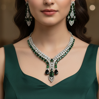 Royal Emerald Cascade American Diamond Necklace Set