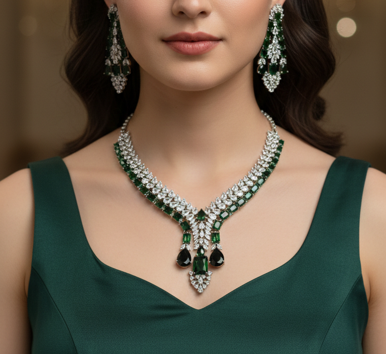 Royal Emerald Cascade American Diamond Necklace Set