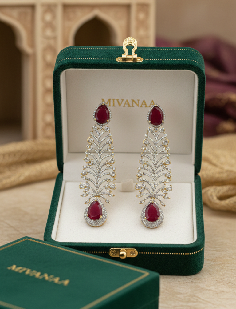 Ruby Red Teardrop Leaf Design American Diamond