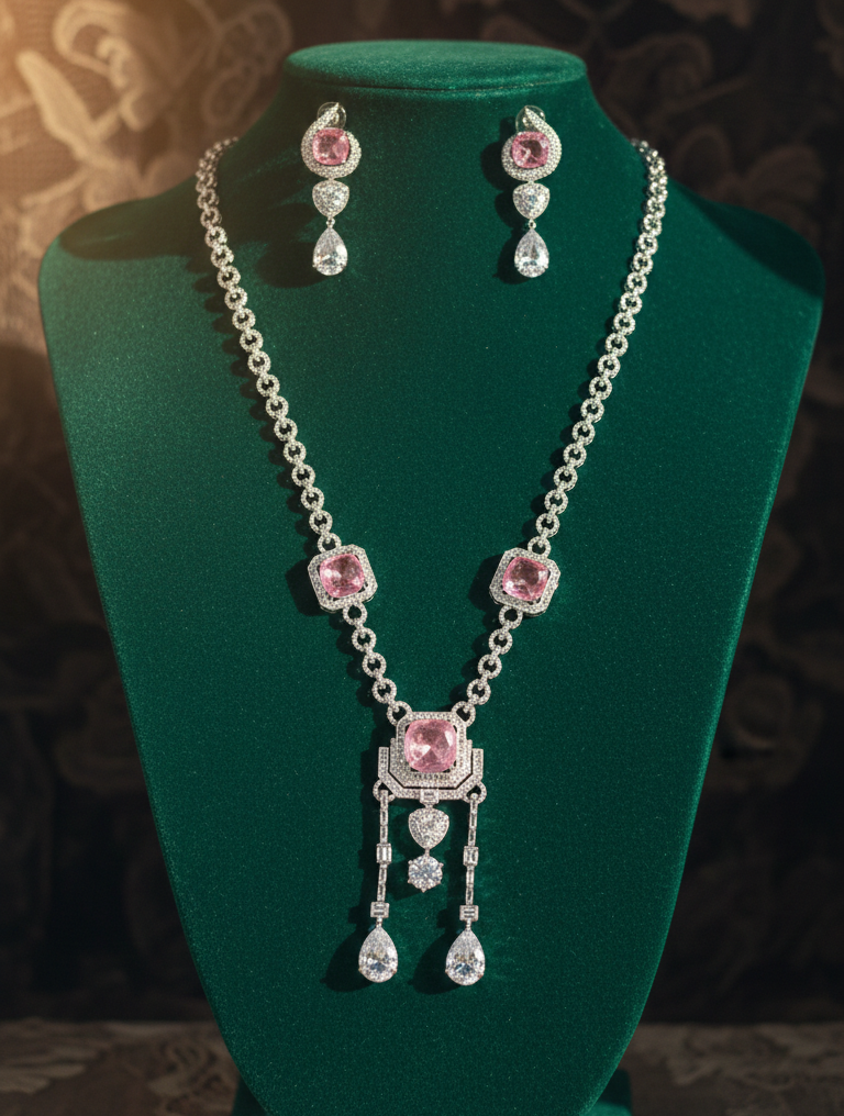 Elegant Pink Crystal Diamond Finish Necklace Set