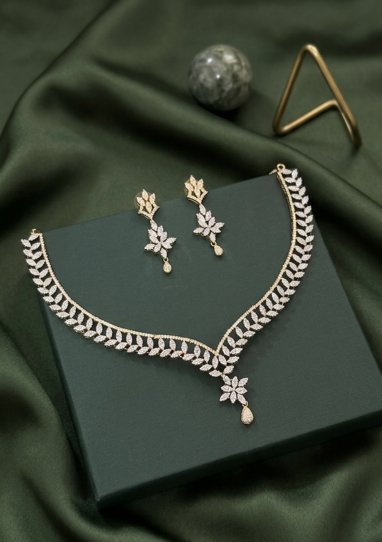 Golden Leaf Drop Necklace Set