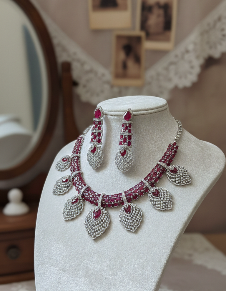 Elegant Maroon Crystal Wedding Jewellery Set