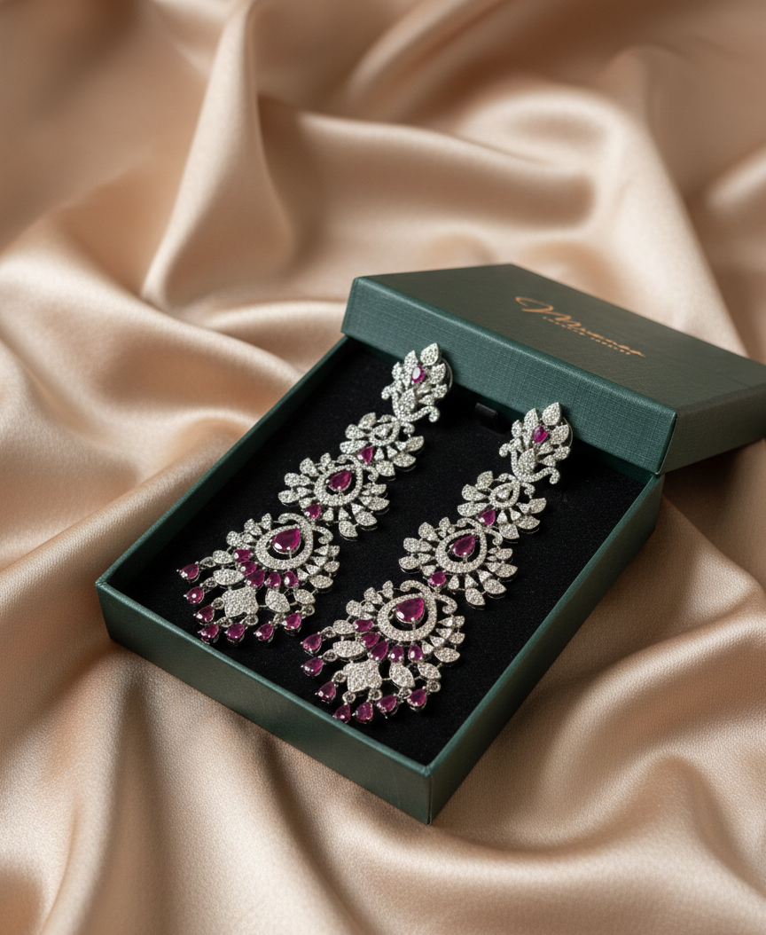 Royal Ruby American Diamond Long Drop Earrings