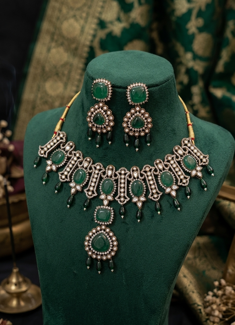 Traditional Green Stone Choker Jewellery Set