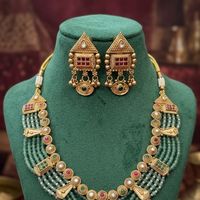 Royal Green Beaded Traditional Necklace Set with Antique Gold Earrings