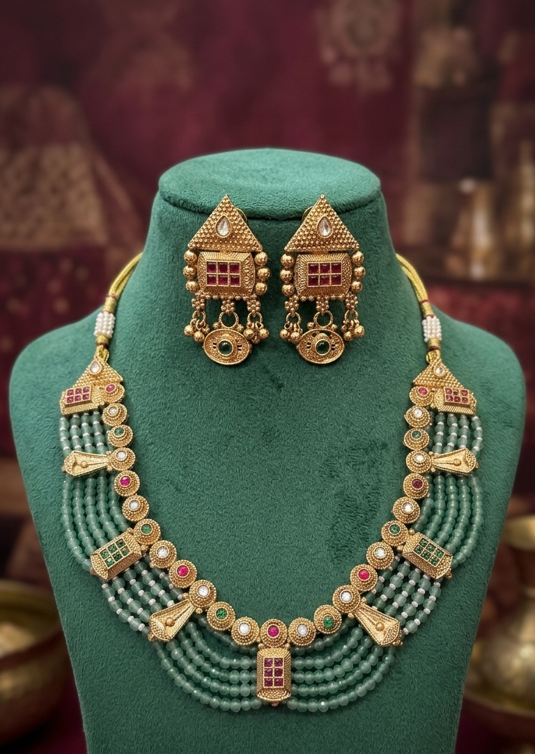 Royal Green Beaded Traditional Necklace Set with Antique Gold Earrings