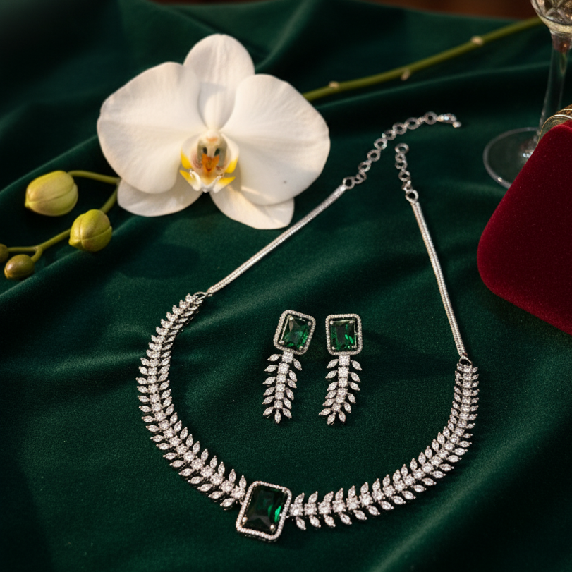 Luxury Emerald Green CZ Stone Necklace & Earring Set