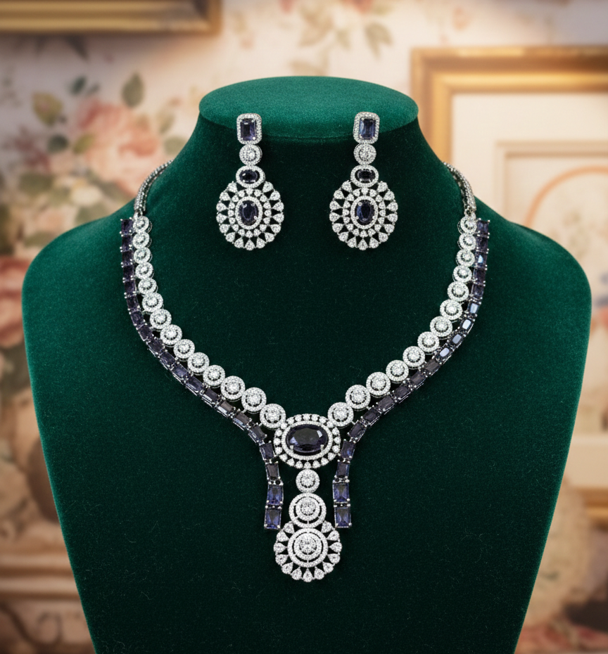 Midnight Sapphire Royale American Diamond Necklace Set